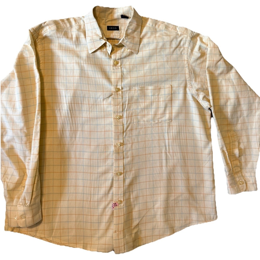 IZOD Mens 2XLT Plaid Button Down Shirt Yellow Blue Long Sleeve Cotton